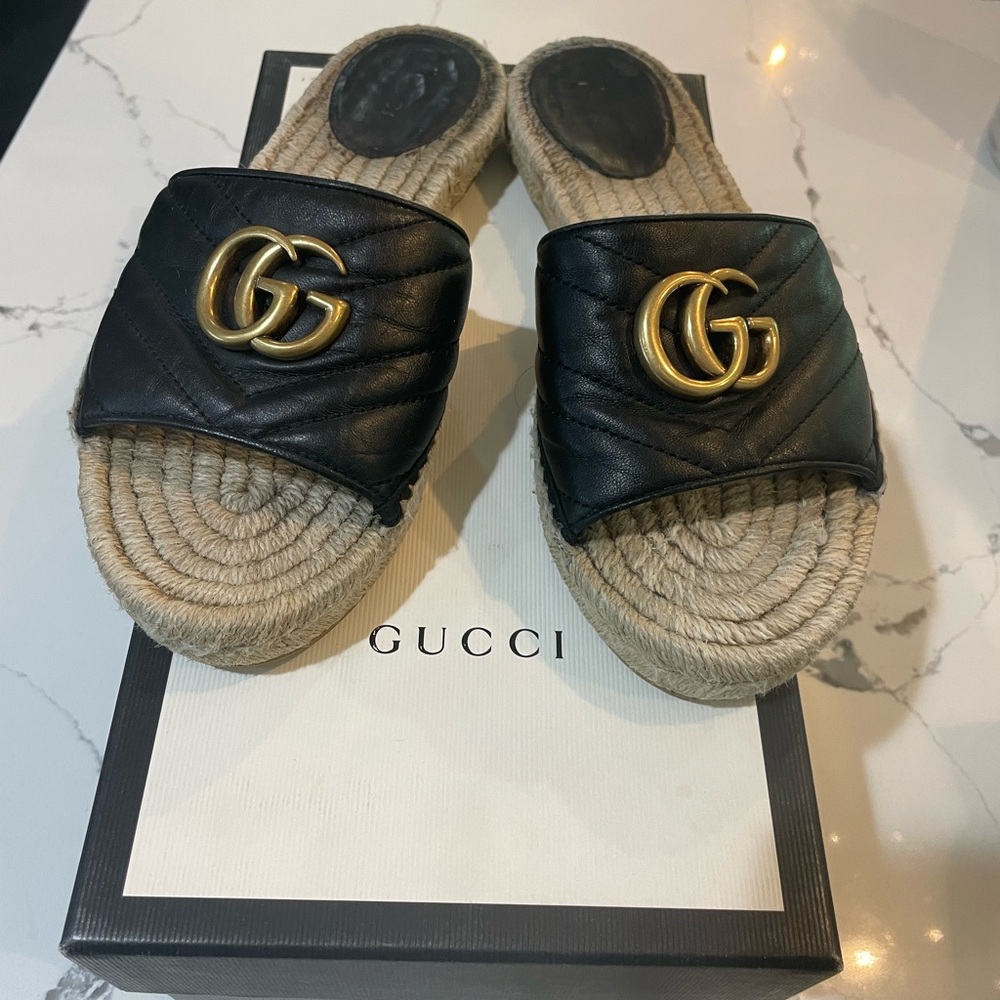 Gucci Black Nappa Gold GG Marmont Espadrille sale